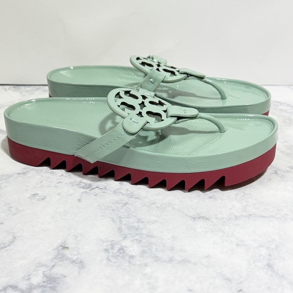 Tory Burch teal Miller cloud lug leather thong sandal sea wind/red size 8.5 - Picture 4 of 7